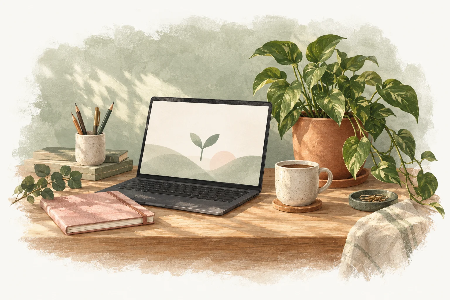 A sunlit studio workbench with a laptop, pink notebook, coffee, and a leafy plant, painted in soft watercolor textures.